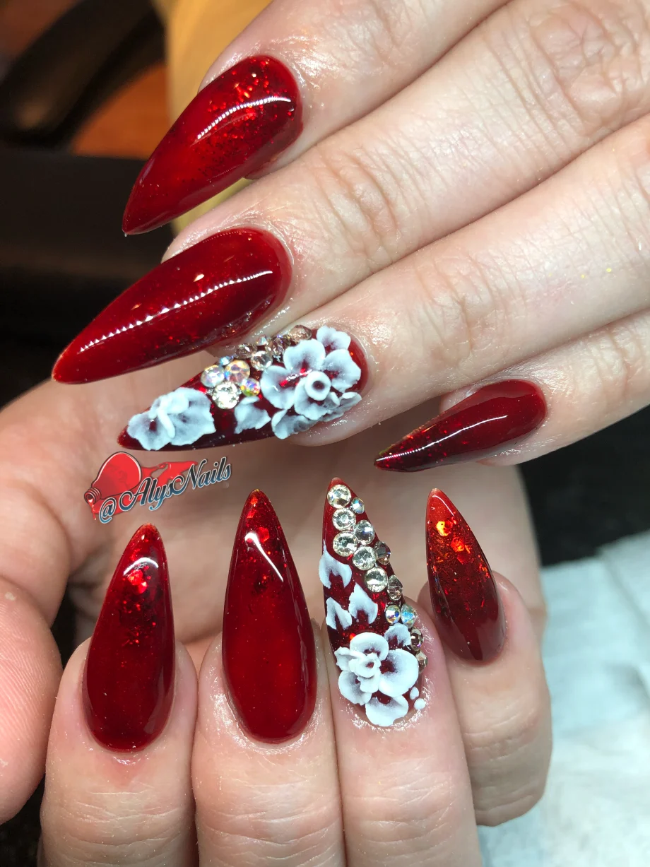 Day 144: Candy Apple Red and White Flower Nail Art