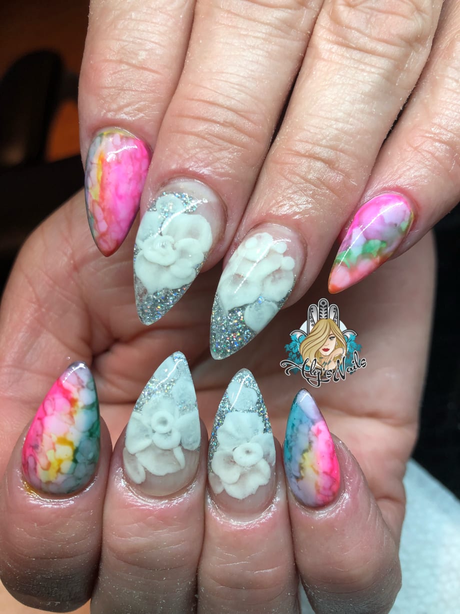 Day 155: Ink Marble and Embedded Flower Nail Art