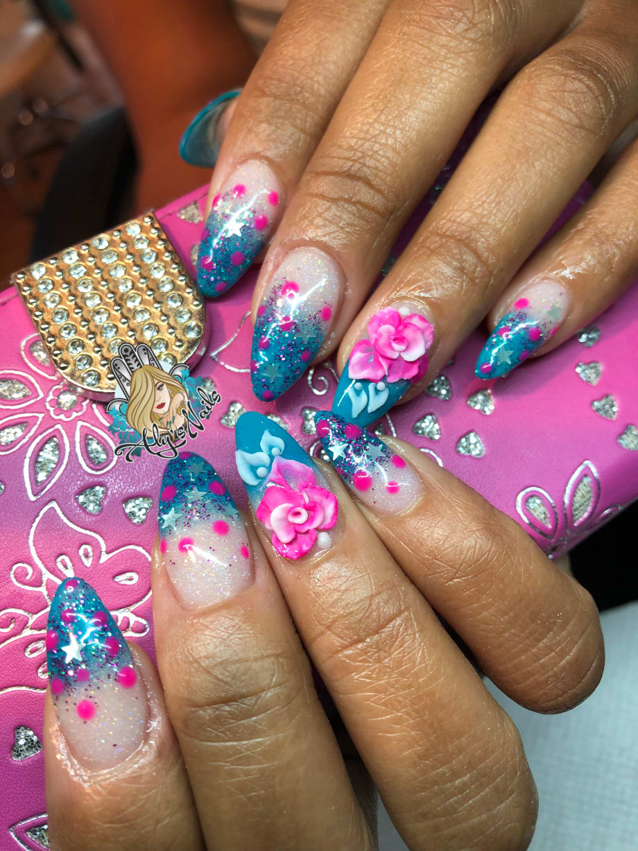Day 163: Pink and Blue Flower Nail Art