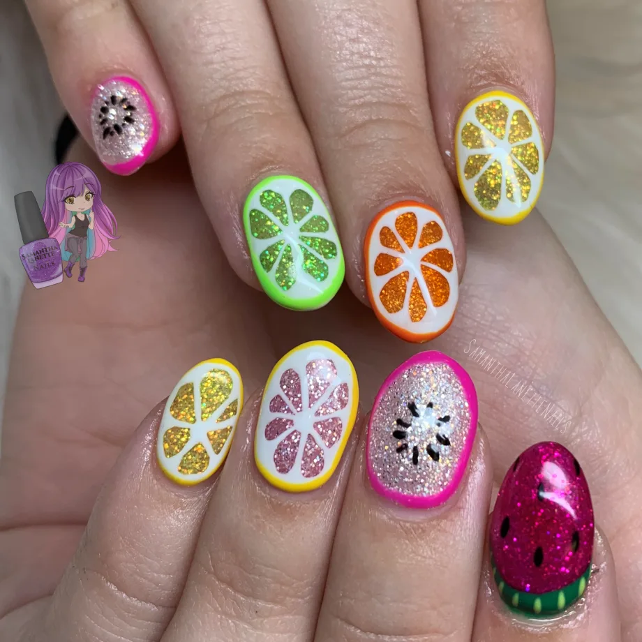 Day 230: Sparkly Fruit Nail Art