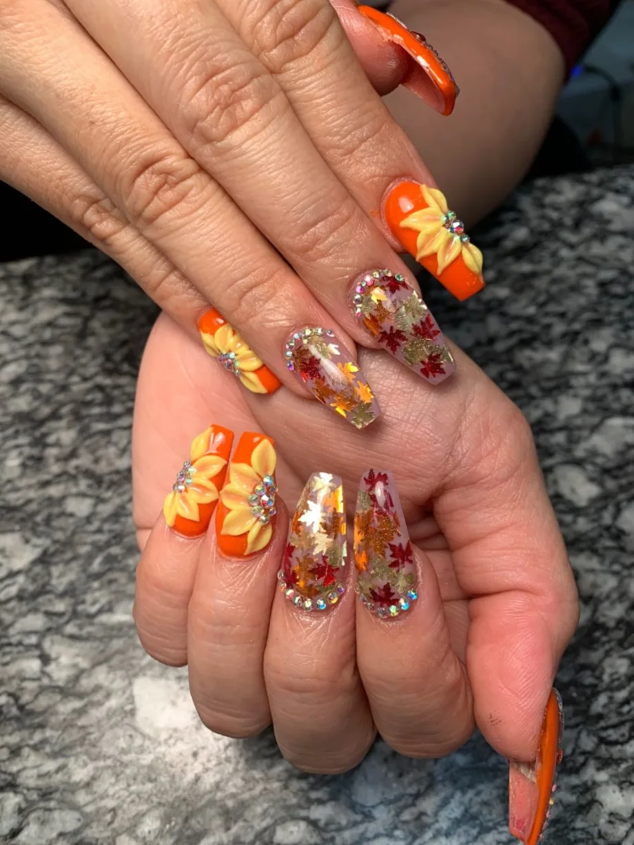 Day 301: Fall Leaves and Flowers Nail Art
