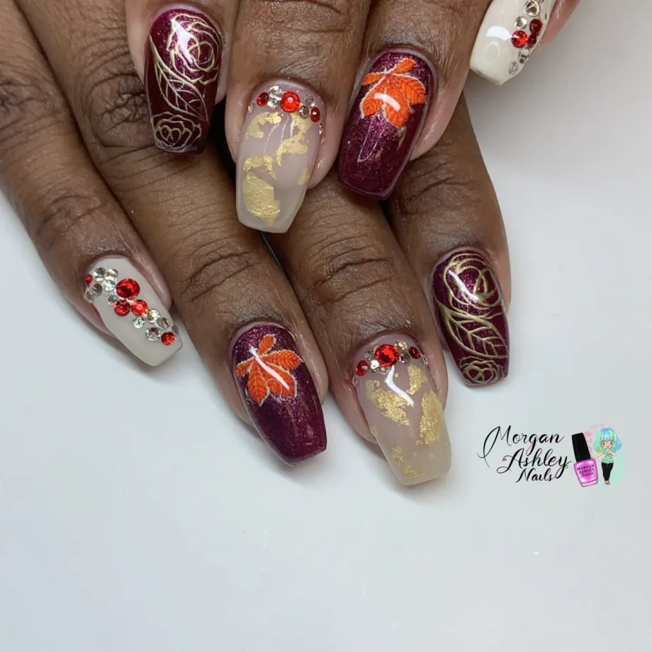 Day 317: Fall Leaves and Roses Nail Art