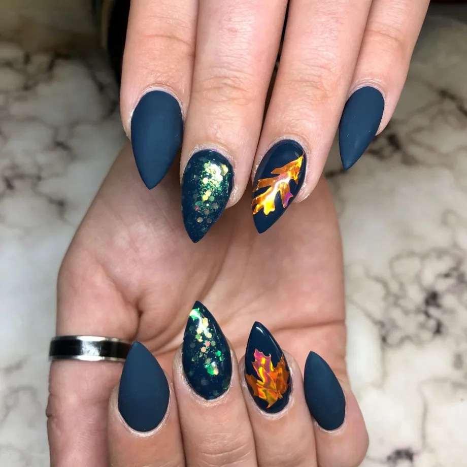 Day 328: Golden Fall Leaf Nail Art