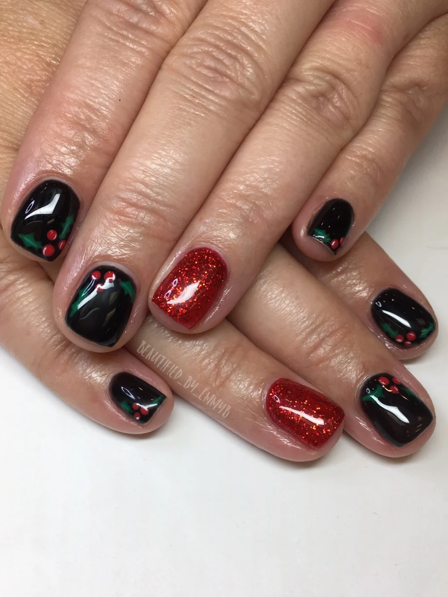 Day 354: Snow Dusted Holly Nail Art