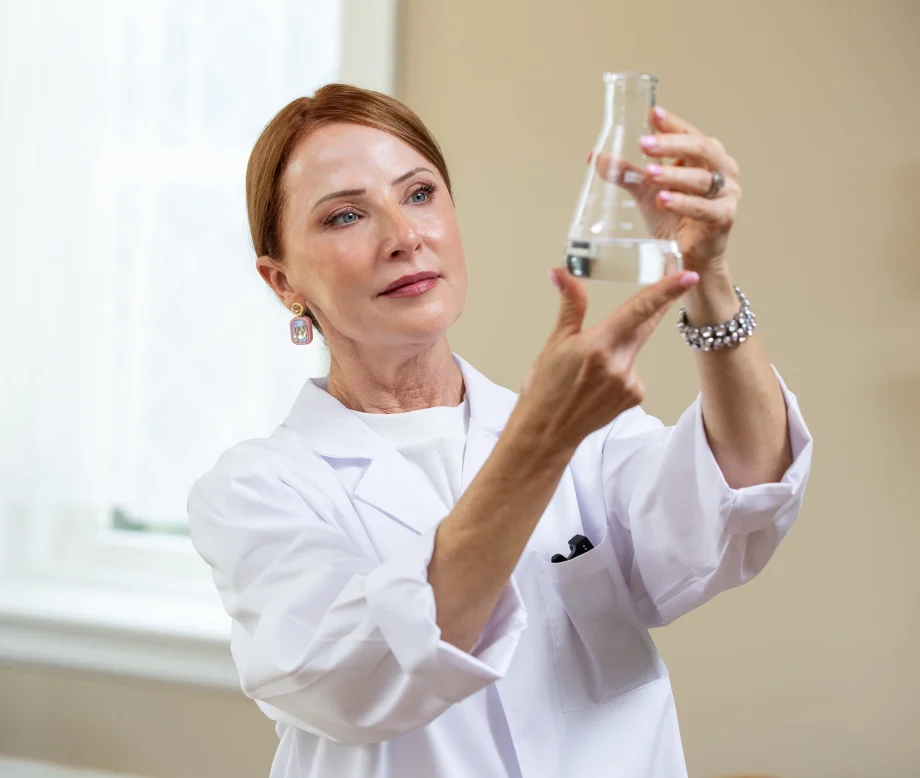 Pharmaceutical Chemist Jennifer Sherak examines a flask