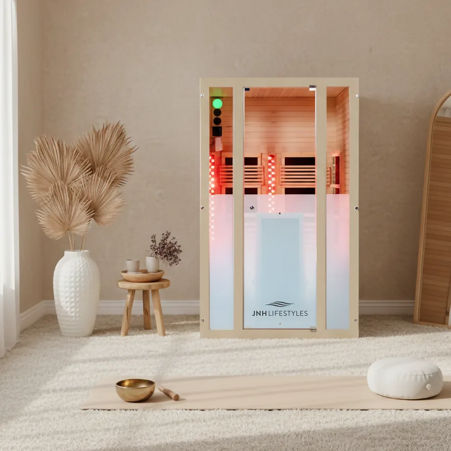 An image of a personal, walk-in sauna inside a yoga room.