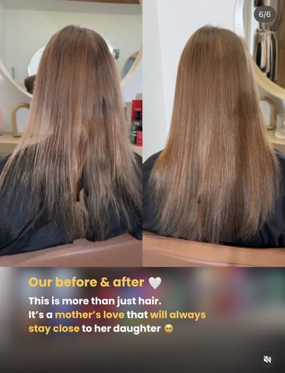 A before and after of a hair extension service