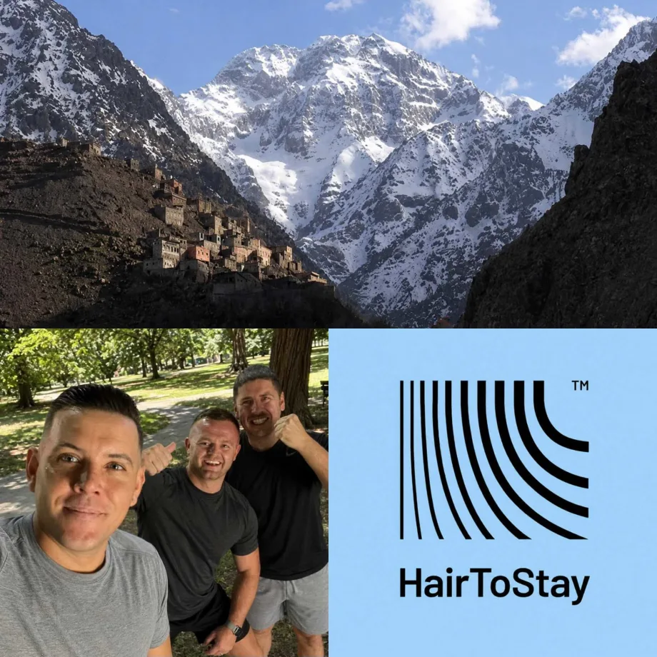 HairToStay logo with three men who will climb Mount Toubkal