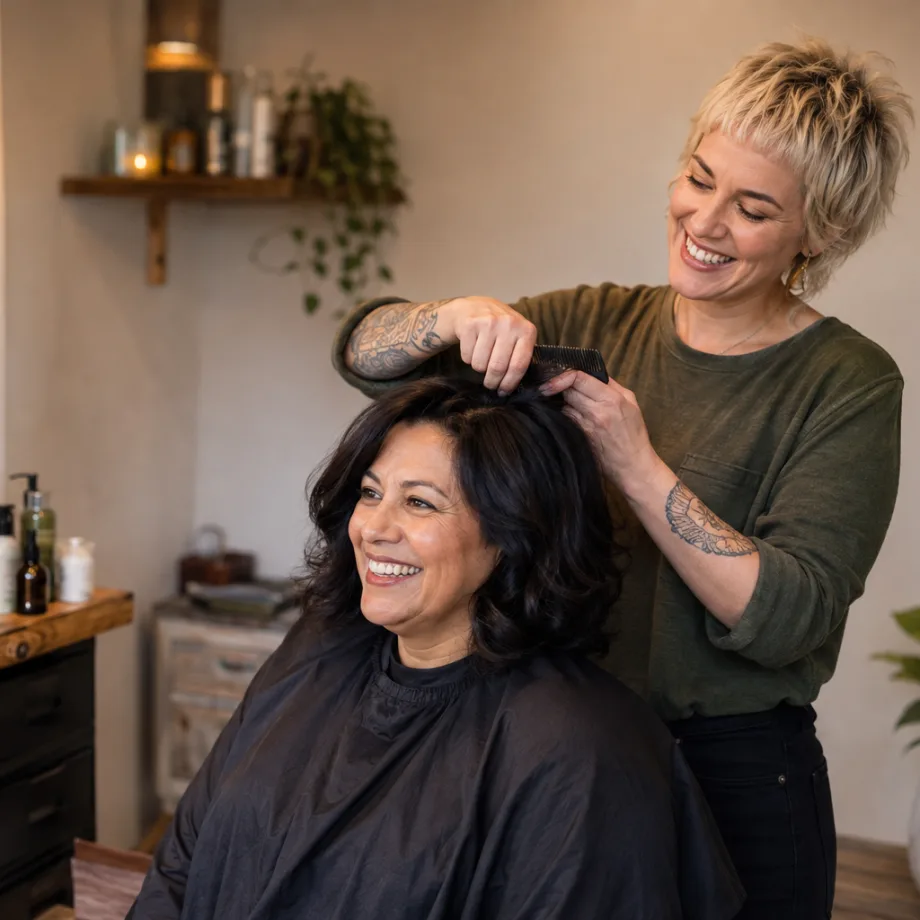 A hairstylist with short blonde hair works on a client with brown hair