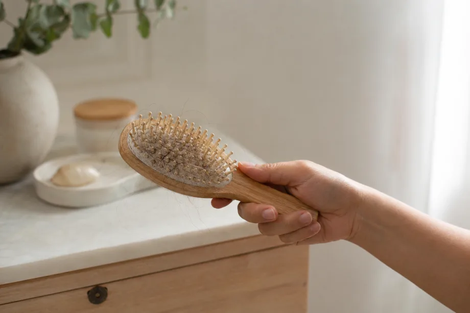 A hand holding a hairbrush, and there is hair in the brush. 
