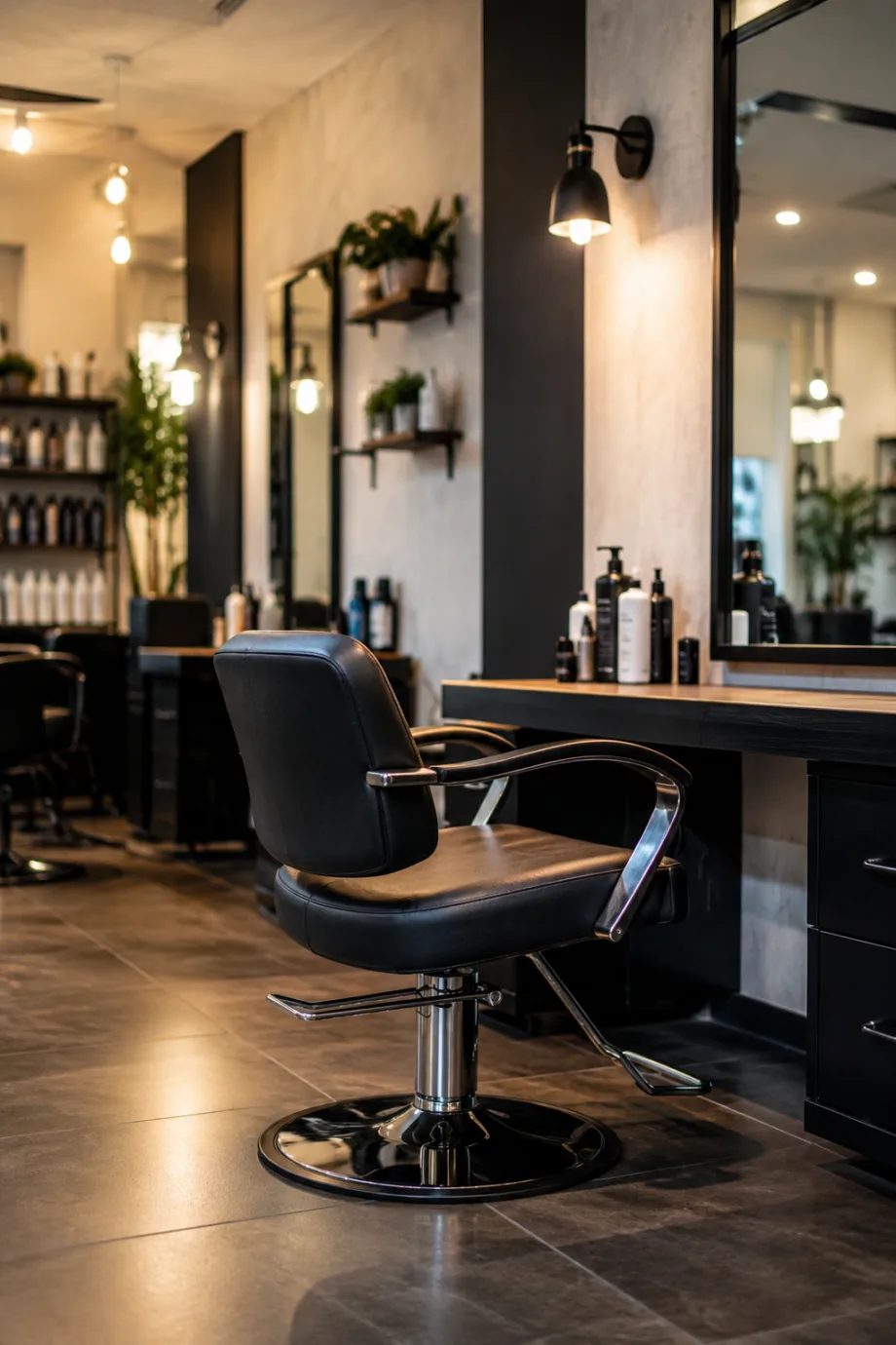 A salon chair, empty, inside a hair salon
