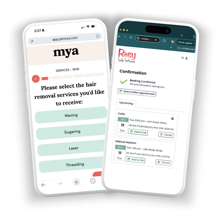 Phones displaying the Mya and Rosy apps