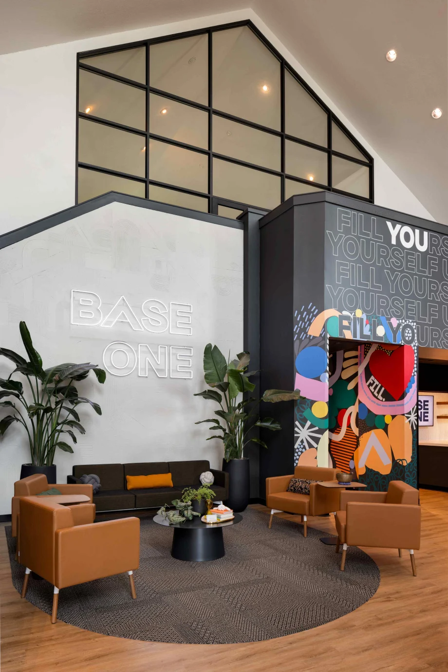 A seating area within the foyer of BASE ONE in Columbus Ohio.