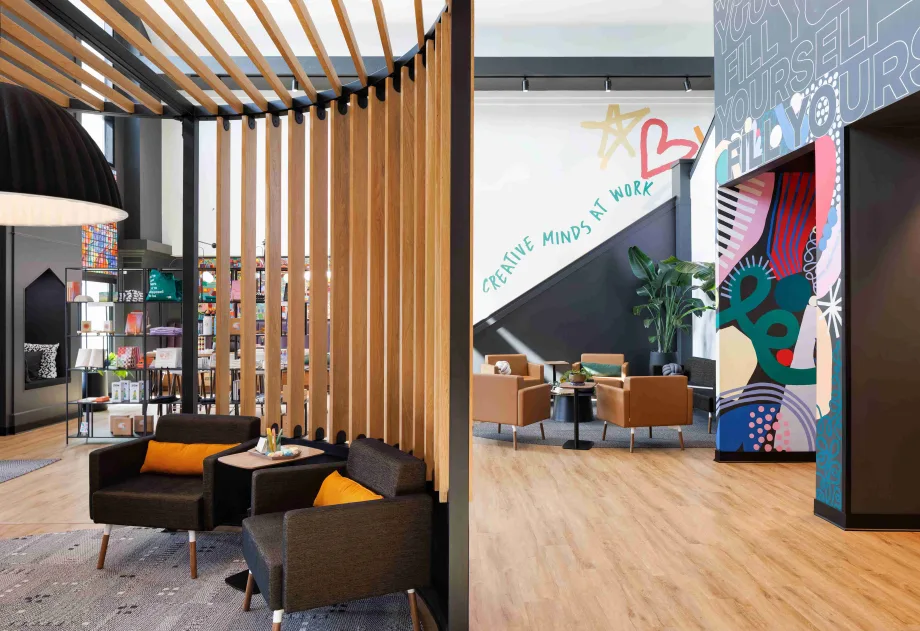 A view of two gathering spaces within BASE ONE in Columbus, Ohio.