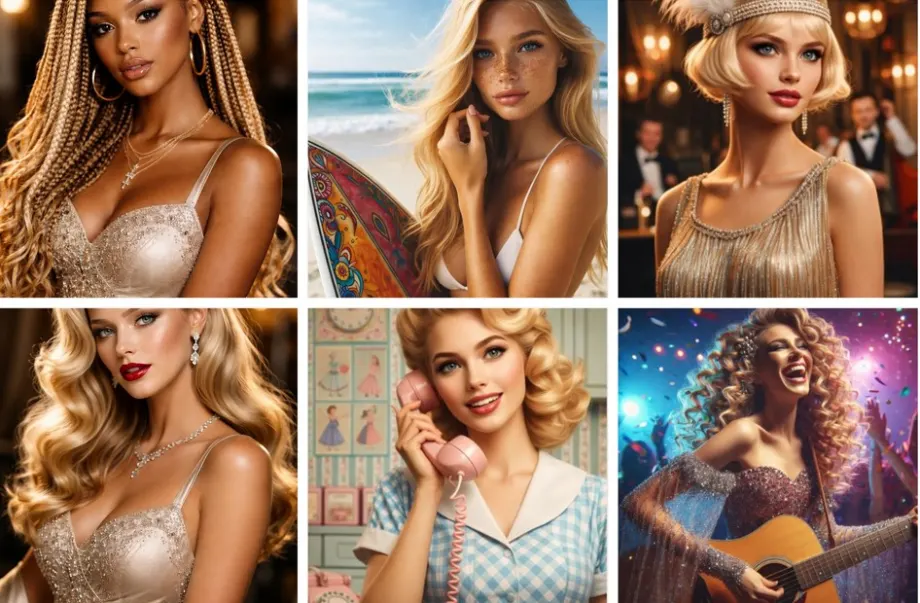 Six-image collage showing diverse blonde styles: braided glam, beach surfer blonde, 1920s flapper bob, Old Hollywood waves, retro pin-up, and pop-star performer onstage.