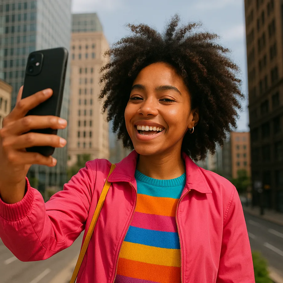 Black woman taking a selfie in the city.