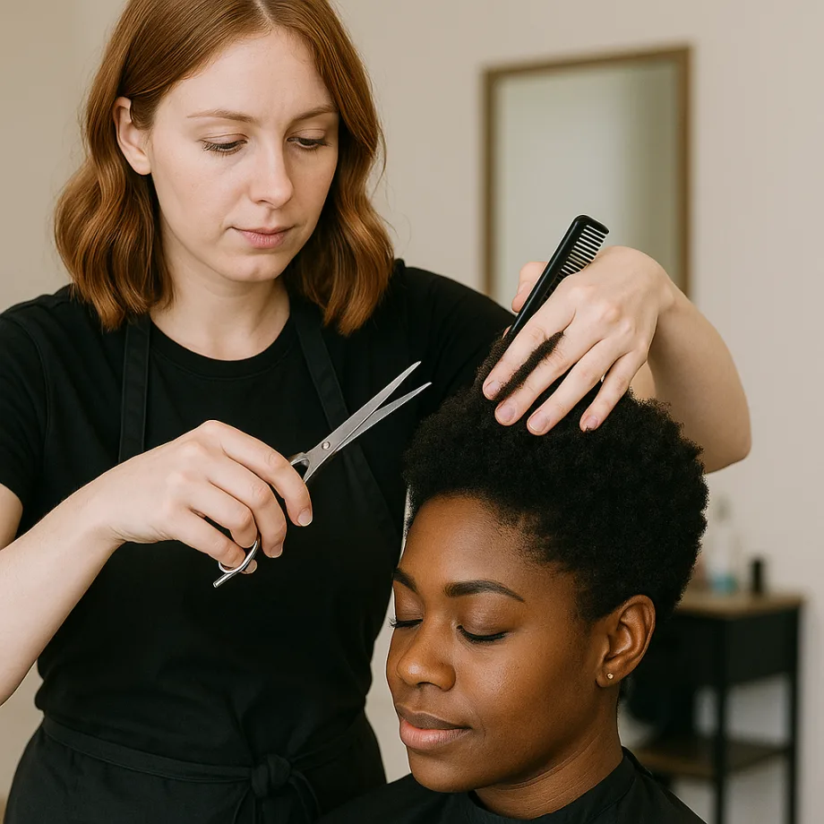 A hairstylist cutting a Black client's curly hair in a salon.