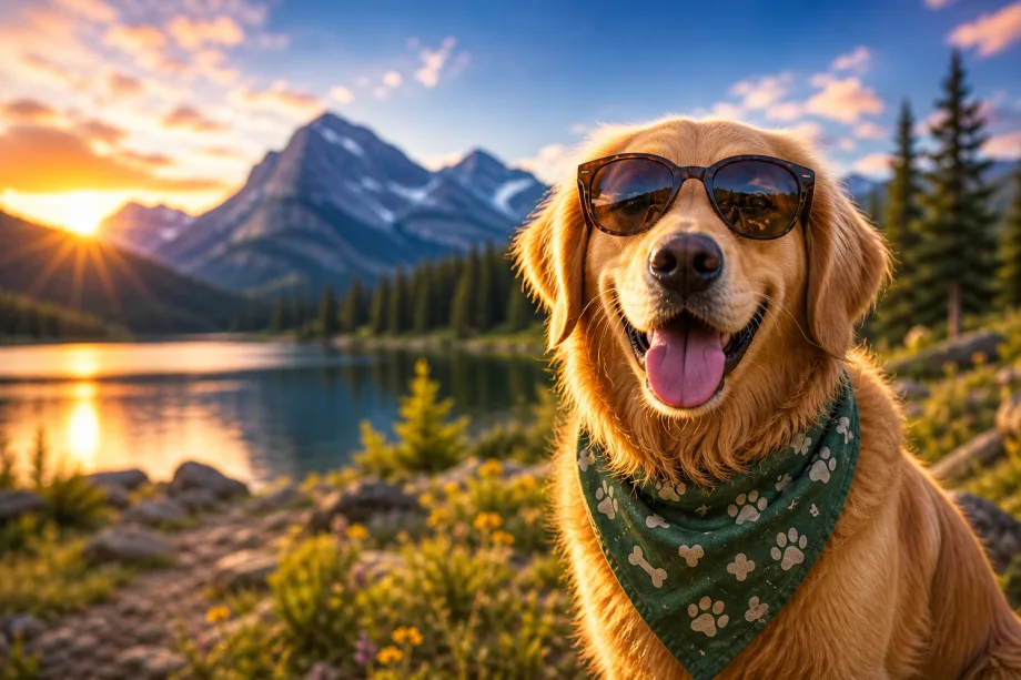 A dog wearing a bandana and sunglasses, set against a mountain scape.