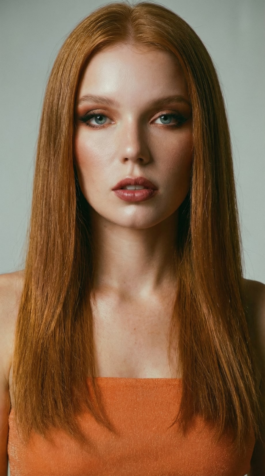 A redheaded model with smooth hair.