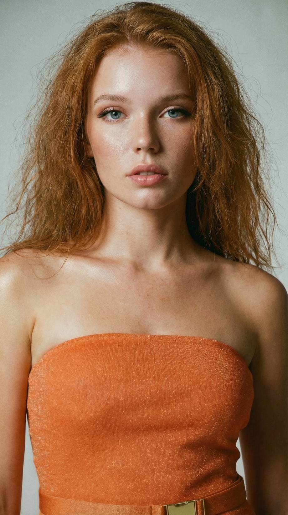 A redheaded model with frizzy hair.