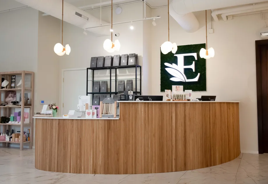 The front desk and reception area at Excuria Salon and Spa.