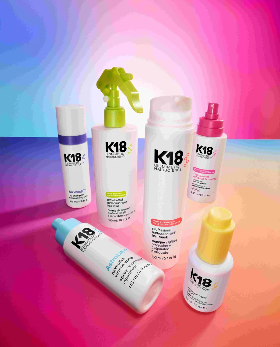 A roundup of K18 products with a colorful background.