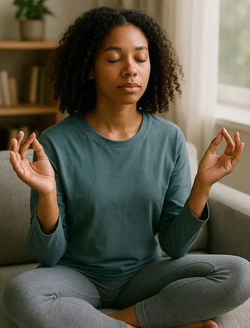 A woman meditating.
