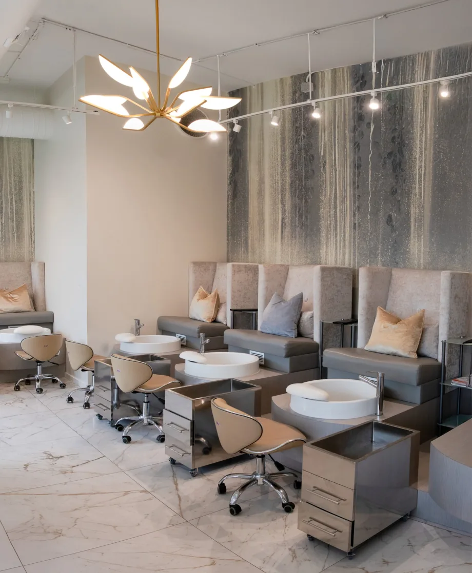 Neutral tones promote relaxation in the pedicure room.