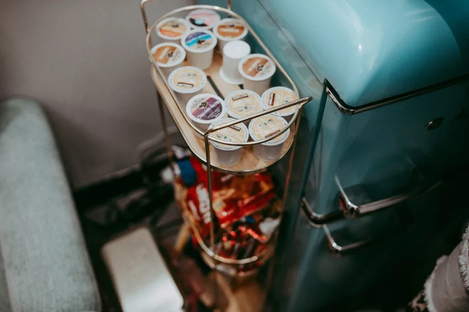 The vintage aqua fridg adds both a touch of color, and utility, and is a fun talking point.