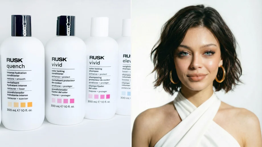 Rusk products and a model with short brunette hair
