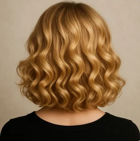 Curly blonde hair as seen from behind.