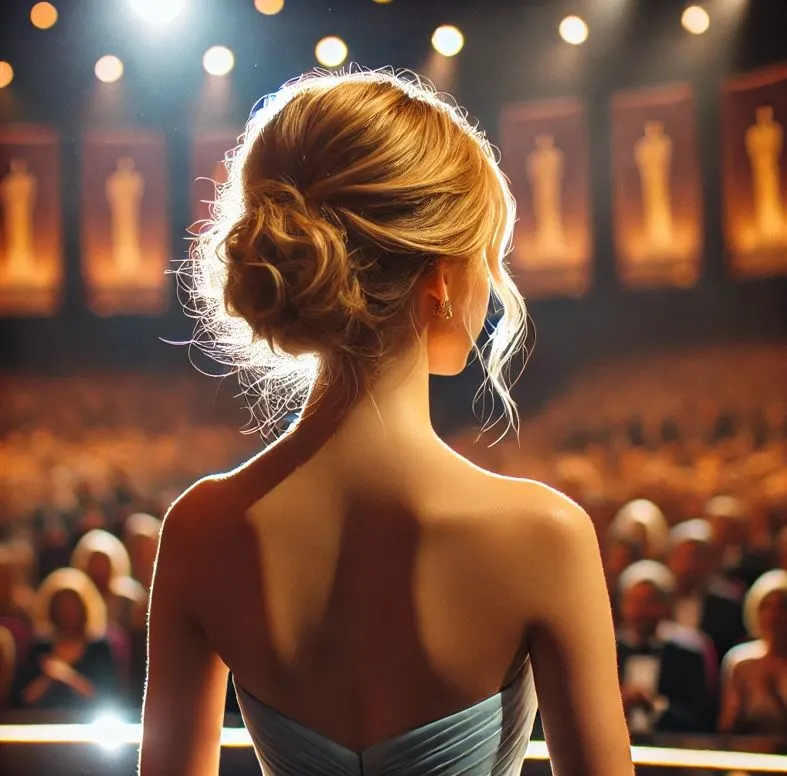 A woman with blonde hair and an updo.