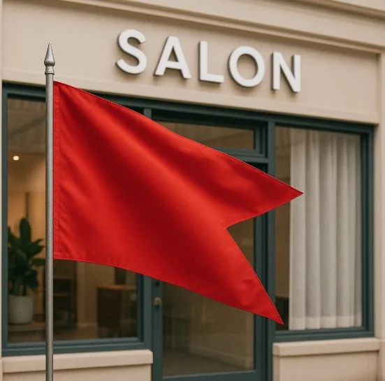 A red flag flying in front of a beauty salon.