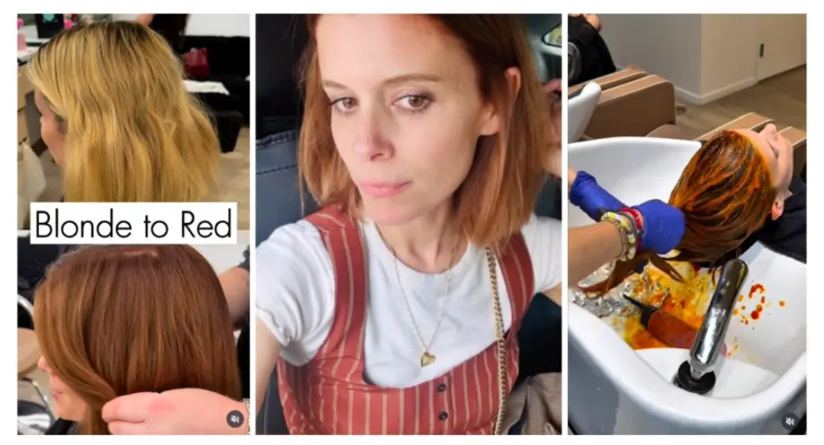 Kate Mara in the process of going from blonde to red.