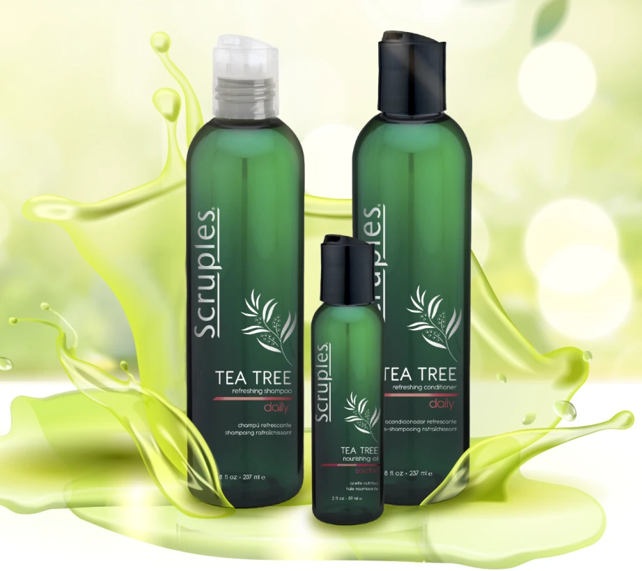 Three hair care products in green bottles against a green background