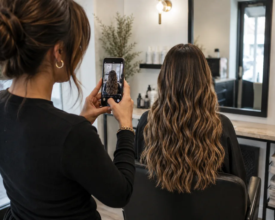 A stylist takes an after photo of her clients hair.