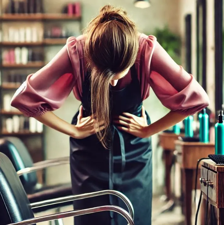 A woman leaning over a chair.