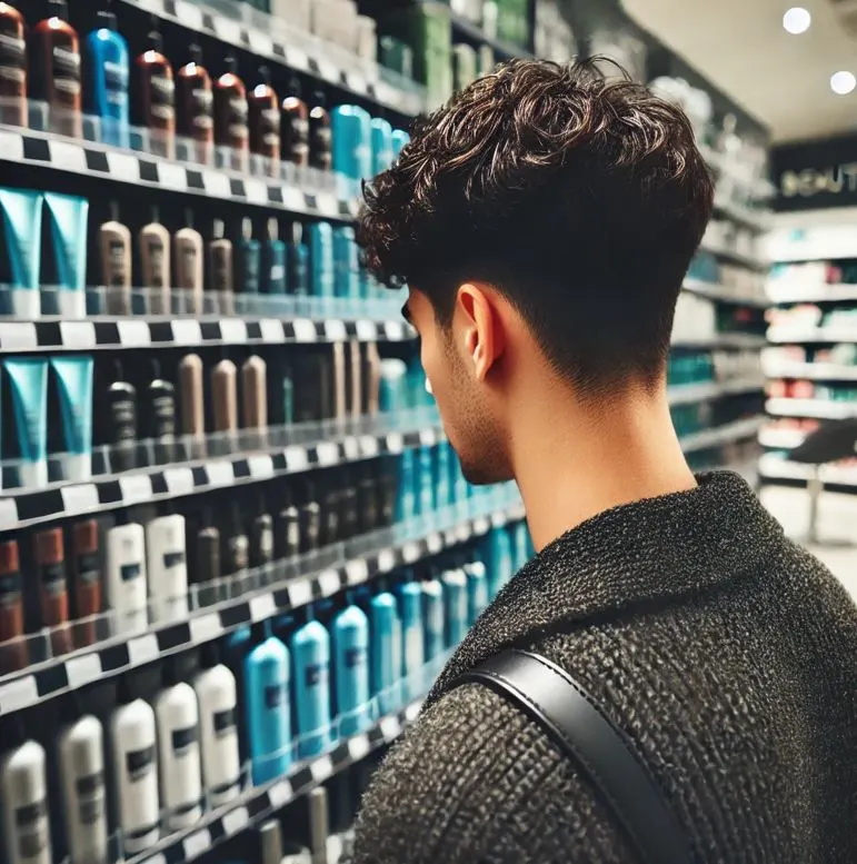 A young man looking at store shelves.