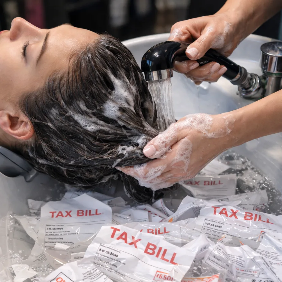A woman get her hair rinsed at a shampoo bowl in a salon, but instead of suds in the bowl, there are tax bills.